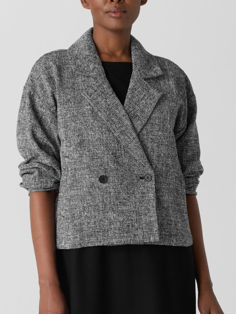 Eileen Fisher tweed double breasted boxy blazer jacket black white new Large